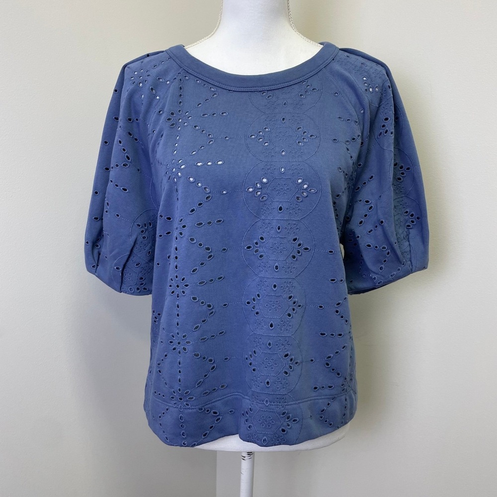 NEW LOFT Sweatshirt Blue Eyelet Embroidered Puff Sleeve Top Size M Casual